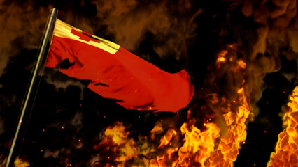 flag of Tonga on burning fire backdrop - hard times concept - abstract 3D rendering