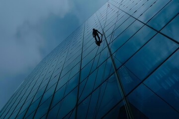 High-rise window cleaner suspended on ropes, bravely washing the exterior of a skyscraper, Generative AI