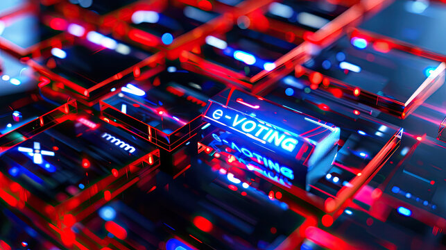 Illuminated evoting concept on futuristic digital interface with neon circuitry and reflective surfaces in a dark hightech setting