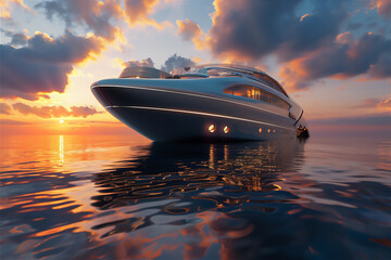 Luxury futuristic cruise ship in the ocean at sunset