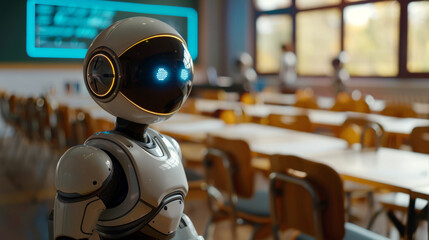 A humanoid robot with a sleek white body and a dark visor stands in a modern classroom setting, suggestive of advanced technology integrated in educational environments. - obrazy, fototapety, plakaty