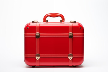 A red luggage suitcase isolated against white background - obrazy, fototapety, plakaty
