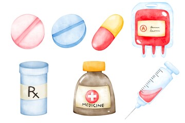 Set of medical elements include pills, blood bag, medicine, syringe doodle watercolor hand draw