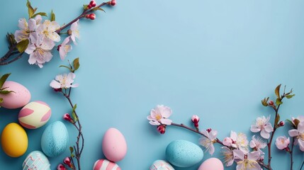 Happy Easter! Stylish Easter eggs and flowers lay on a blue background. Modern natural dyed colorful eggs and cherry blossom border. Greeting card template, Easter background. Place for text