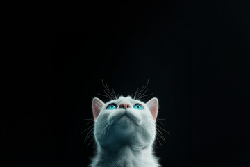 Wunderschöne weiße Zucht Katze mit blauen Augen schaut nach oben mit Platzhalter als Nahaufnahme, ai generativ - obrazy, fototapety, plakaty