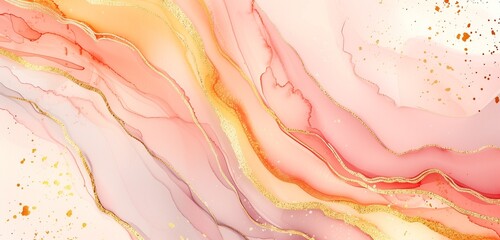 Peach, light pink with gold stripes watercolor, ink, abstract background 
