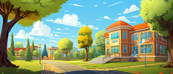 Cartoon scene with school building near the street 