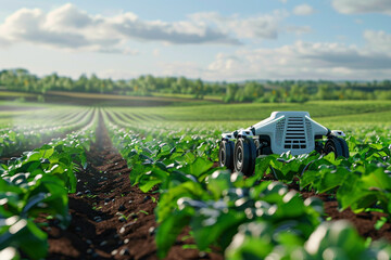 An autonomous farming robot tending to crops and monitoring soil health in a vast agricultural field. - obrazy, fototapety, plakaty