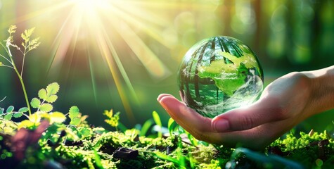 A hand holds a glass globe with a green forest and plant in sunlight, for a world environment day concept background banner