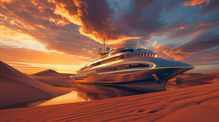 Luxury cruise ship stuck on the desert at sunset