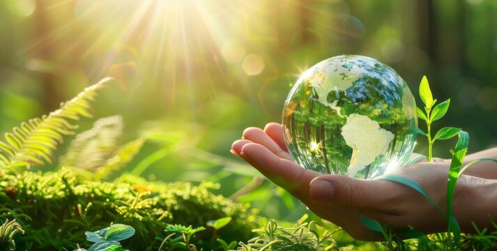 A hand holds a glass globe with a green forest and plant in sunlight, for a world environment day concept background banner