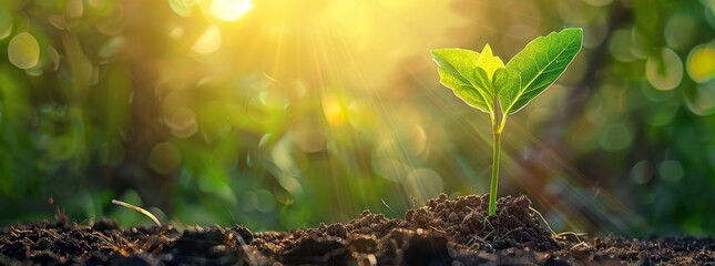 A young plant sprout is growing in soil with morning sunlight. The background banner depicts a nature scene, resembling the style of a copy space concept for environment protection
