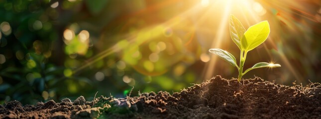 A young plant sprout is growing in soil with morning sunlight. The background banner depicts a nature scene, resembling the style of a copy space concept for environment protection