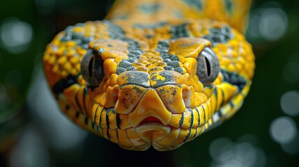 Yellow boga dendrophila snake surrounds the head of a hunting boga dendrophila, close up, attacking animal