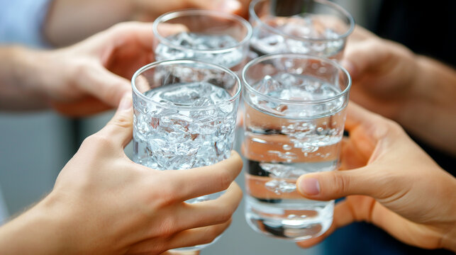 Hands holding  glass of cool  cheering, Group of people drinking water indoors, closeup