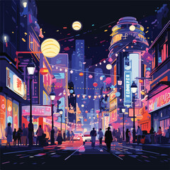 Bustling city street scene at night illuminated by - obrazy, fototapety, plakaty