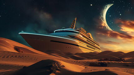 Luxury cruise ship stuck on the desert at sunset with  stars and crescent moon
