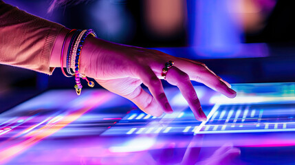 A hand touches a futuristic neonlit interactive interface with glowing lights representing digital connectivity or technology