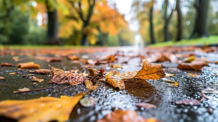 Rain-Soaked Autumn Leaves on the Ground Create a Mosaic of Earthy Hues: Nature's Canvas Renewed by...