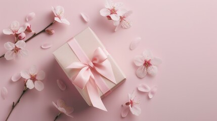 present gift box with tiny pale pink satin ribbon decorated with blooming sakura flowers on pale pink background, birthday, decorative, white, surprise, beautiful, wedding - obrazy, fototapety, plakaty