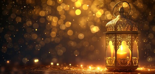 Ramadan dull golden Metallic Lantern in bright light mode with arabesque background