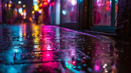 Rain-Soaked City Streets Reflecting Colorful Lights: Urban Ambiance Enhanced by Nature's Touch.