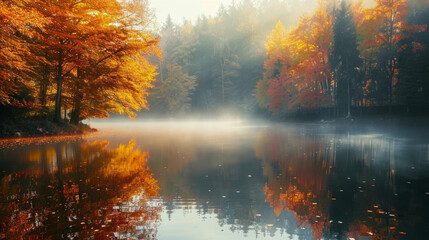 A serene lake with mist hovering above the water surrounded by vibrant autumn foliage reflecting in the still water, creating a symmetrical natural scene with a tranquil, picturesque atmosphere.