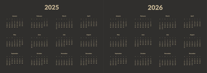 Set of 2025-2026 Annual Calendar template. Vector layout of a wall or desk simple calendar with week start Monday. Page for size A4 or 21x29.7 cm in dark color