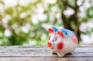 Piggy bank on wooden table over blurred background