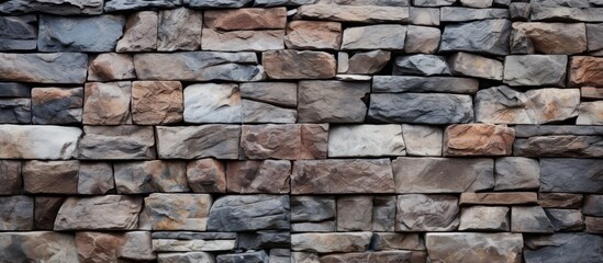 A detailed view of a rectangular stone wall constructed with a composite of various rocks. The brickwork showcases different building materials and natural textures