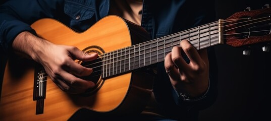 hands on guitar,  copy space for text