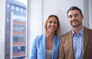Obraz premium Corporate, teamwork and portrait of business people in office for collaboration, partnership and working together. Professional, happy workers and man and woman with confidence for career and job