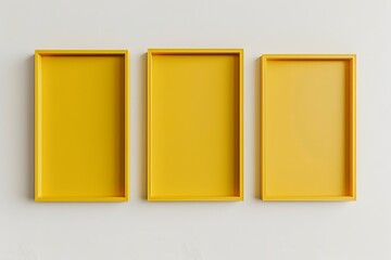 Minimalist Yellow Frames Arrangement on White Wall with Varying Sizes and Shapes