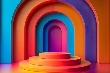 Vibrant Colorful Podium with Rainbow Arch: Stunning Product Presentation Stage