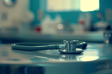 a stethoscope sits on top of a table in a hospital room - Powered by Adobe