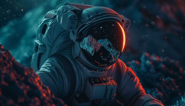 A man in a space suit is looking down at the ground