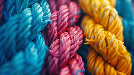 Close-up view of colorful twisted ropes, featuring vivid shades of blue, red, and yellow arranged side by side, showcasing textures and patterns of the intertwining strands.