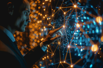 A businessman uses a touch to interact with a neural network abstract technology.