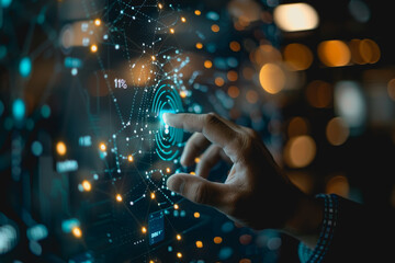 A businessman uses a touch to interact with a neural network abstract technology.