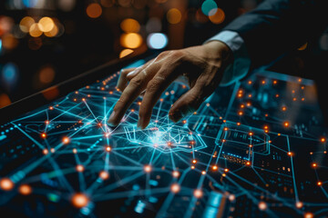 A businessman uses a touch to interact with a neural network abstract technology.