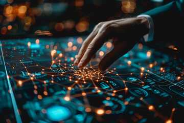 A businessman uses a touch to interact with a neural network abstract technology.