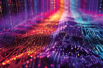 Colorful Neon Data Flow Visualization on Dynamic Digital Landscape Representing the Vastness and Growth of Big Tech and