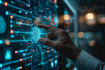 A businessman uses a touch to interact with a neural network abstract technology.