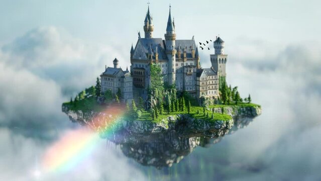 floating castle or palace of kingdom of fantasy island on sky, amazing building for live wallpaper video background looping 4k quality