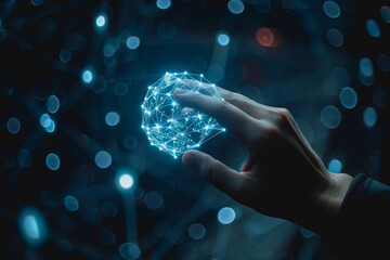 A businessman uses a touch to interact with a neural network abstract technology.