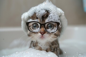 Relaxed Kitten in Glasses Wears Soap Suds Smiling While Washing Hair in Bathtub - obrazy, fototapety, plakaty