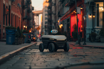 A robotic delivery robot navigating through city streets, delivering packages to customers' doorsteps.