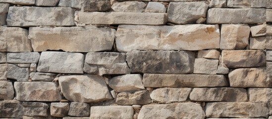 Close up of a stone wall showcasing a pattern of rectangular bricks, made of composite material. The building material is a natural rock, creating a sturdy and timeless structure