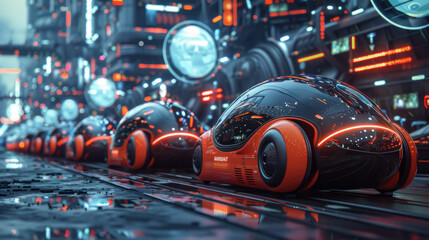 Fototapeta premium Futuristic autonomous vehicles lined up on an urban road with neon lights and high-tech cityscape in the background.