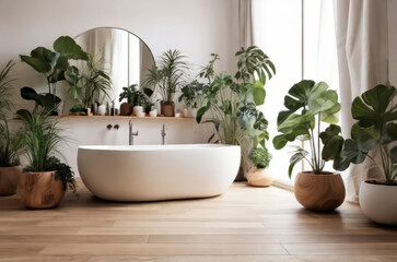 Home garden, bathroom in white and wooden tones. Close-up, bed, parquet floor and many houseplants. Urban jungle interior design. Biophilia concept.